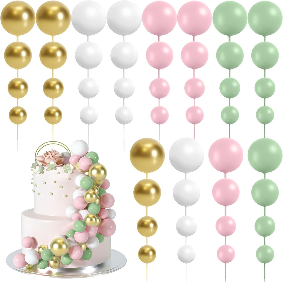 48 Pcs Balls Cake Topper Decorations Balloon Cupcake Toppers Foam Cake Topper Balls Cake Balls Decorations for Birthday Party Wedding Cake Decorating(Green,Pink,White,Gold)