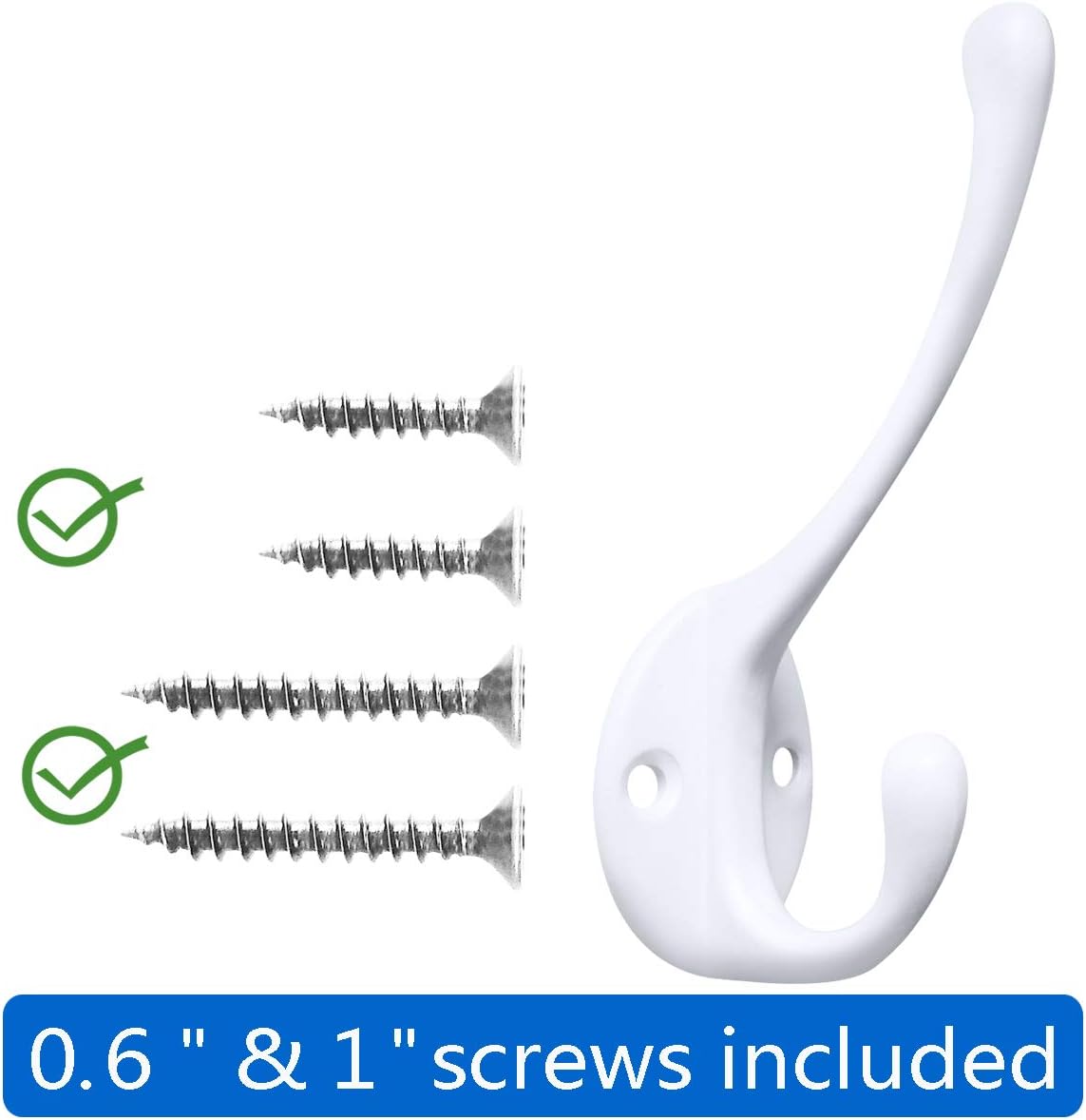 10 Pack Heavy Duty Dual Coat Hooks Wall Mounted with 20 Screws Retro Double Hooks Utility Black Hooks for Coat, Scarf, Bag, Towel, Key, Cap, Cup, Hat (White)