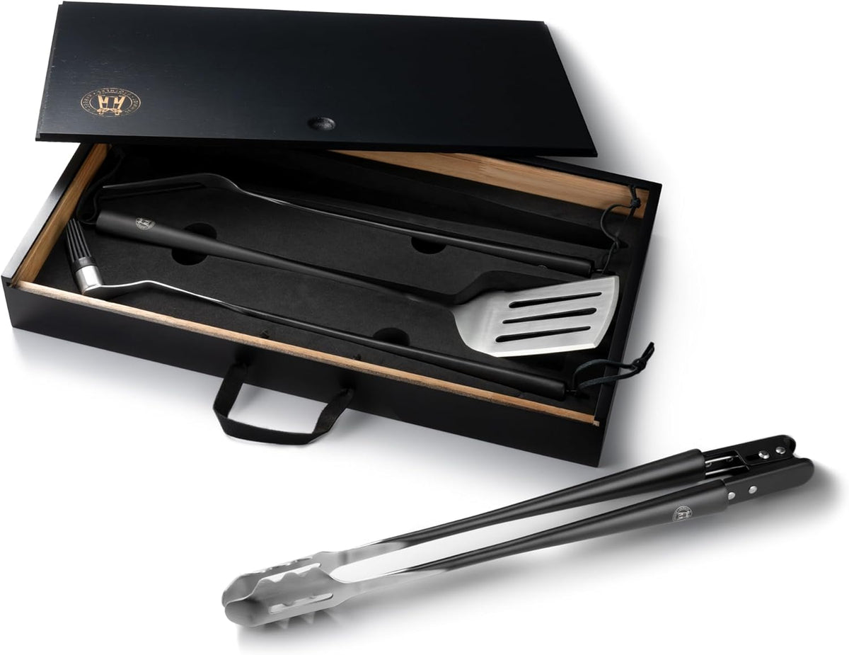 Schmidt Brothers - BBQ Carbon 6, 4-Piece Grilling Accessory Set, Full-Forged Stainless Steel Grilling Utensils Including Spatula, Fork, Basting Brush, and Tongs with All Wood Handles