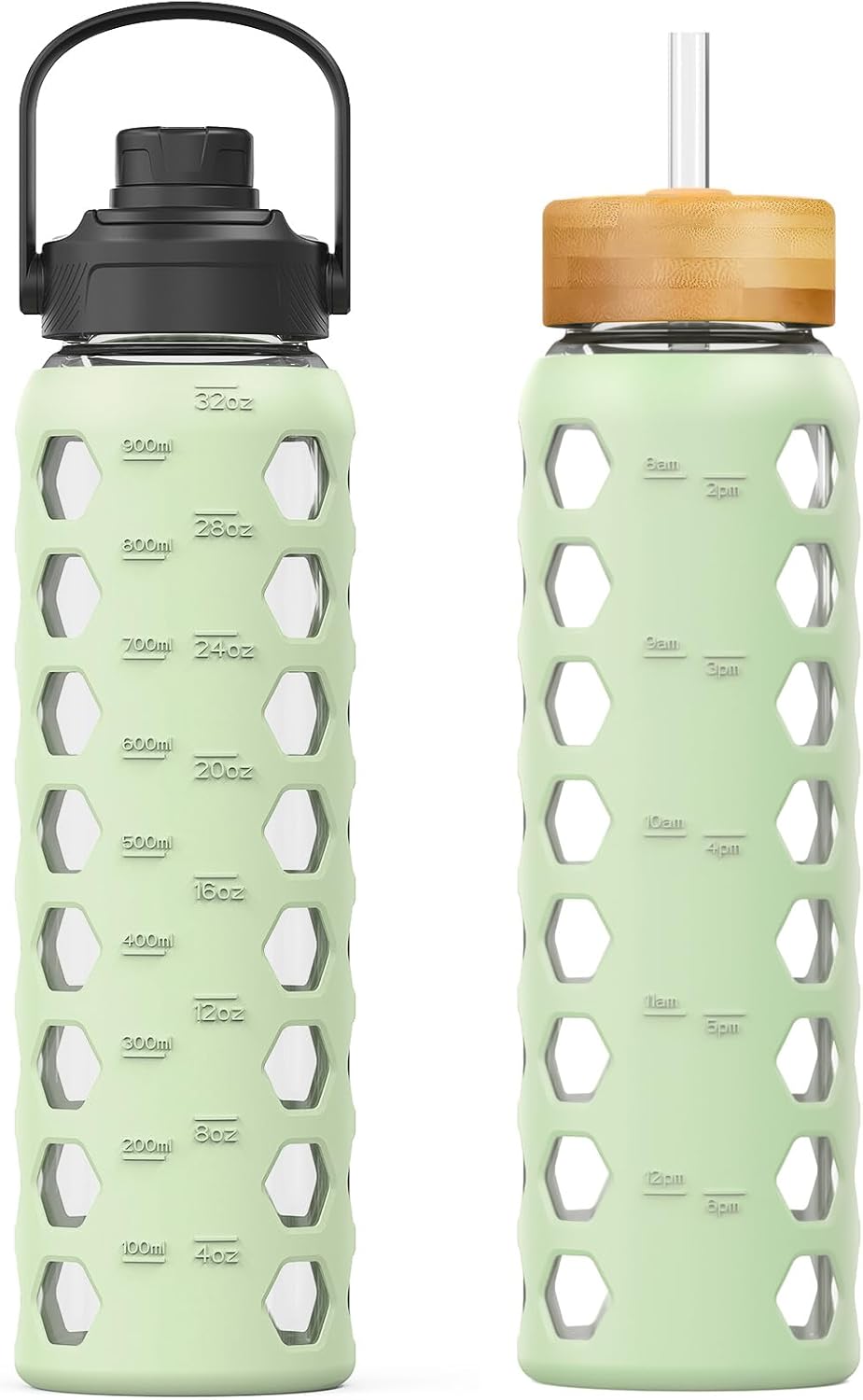 MUKOKO Glass Water Bottles,32oz Glass Tumbler with Straw,Drinking Bottles with 2 Lids-Handle Spout Lid&Bamboo Straw Lid,Motivational Water Bottle with Time Marker and Silicone Sleeve,1 Pack-Mustard
