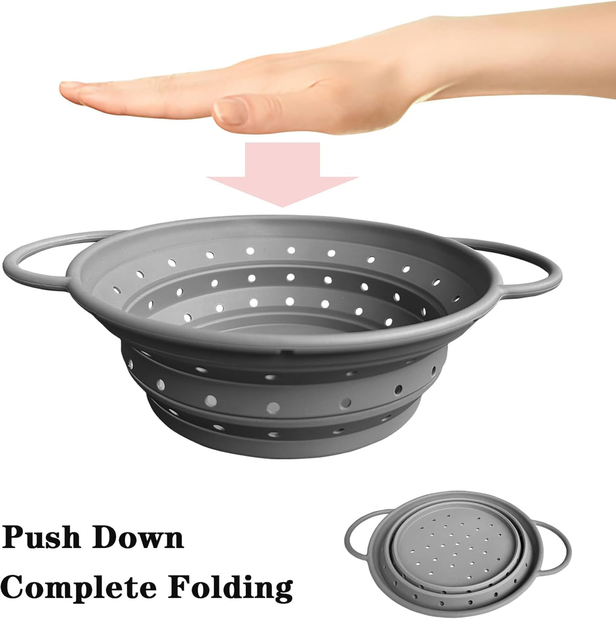 Silicone Collapsible Colander with Handle, Kitchen Colander for Easy Storage,Four-side Fast Draining Silicone Draining Basket, Perfect for Fruits Vegetables (Gray L+M)