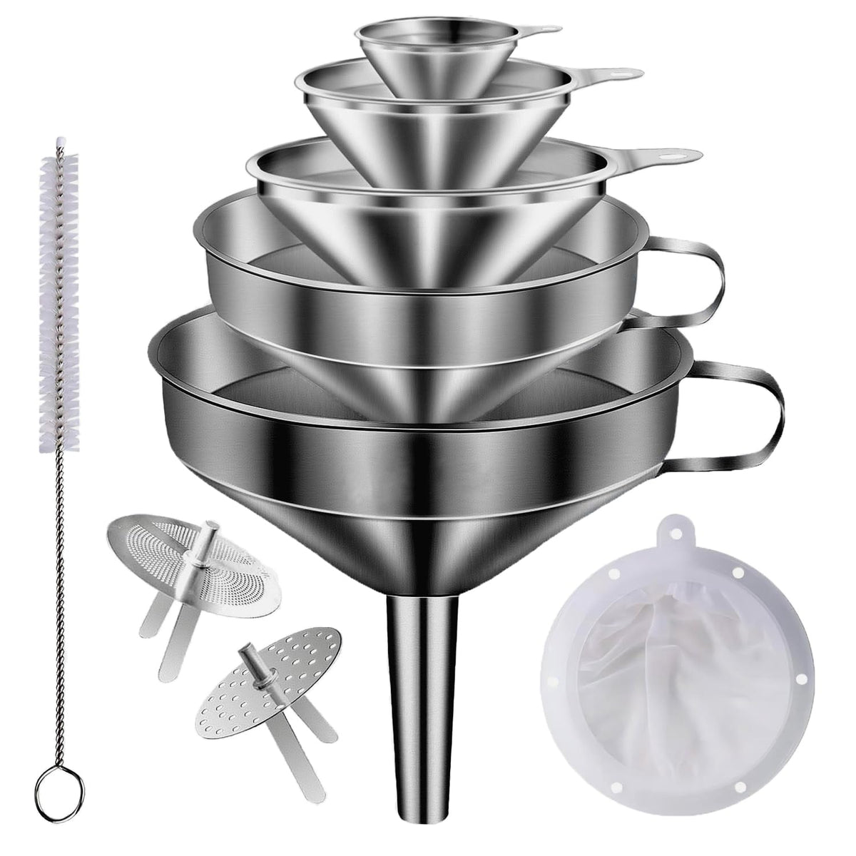 Stainless Steel Funnels for Kitchen use,5 Different Sizes of Kitchen funnels,Metal Funnel with 2 Removable Strainer,Cleaning Brush,200 Mesh Food Filter,for Transferring of Liquid,Oils,Jam