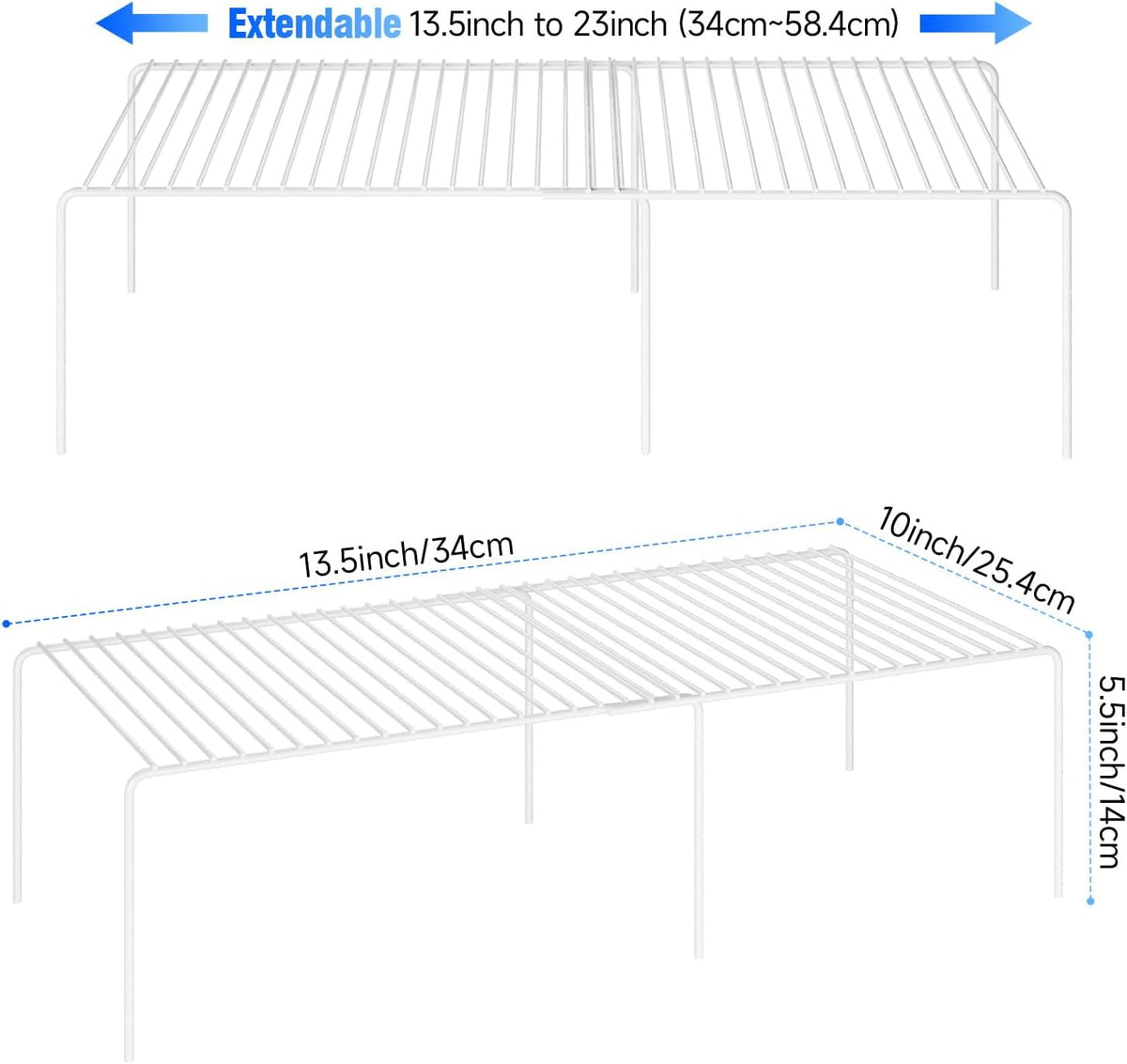 Expandable Storage Shelf, Pantry Organizers and Storage, Adjustable Rustproof Metal Wire Spice Rack, Space Saver Kitchen Storage Shelves for Pan, Pot, Countertop, Drawer, Fridge, Set of 2, White