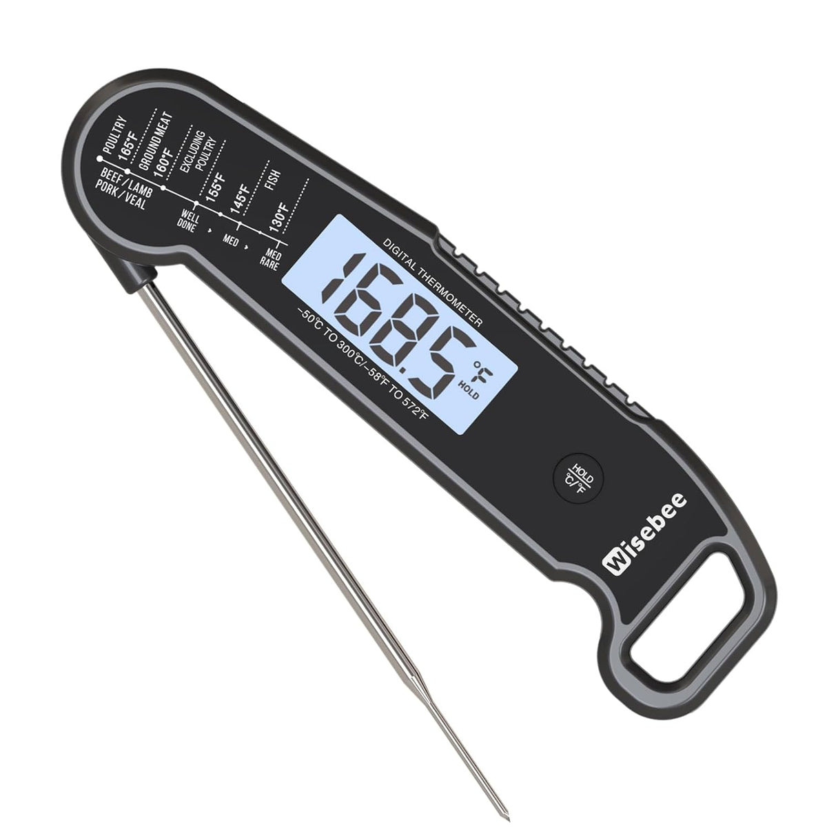 Wisebee Meat Thermometer Digital, 0.5 Sec Instant Read Waterproof Food Thermometer with 180°Auto-Rotate Backlit Display | Anti-Slip Handle | Magnetic Back | Hold Function for Cooking, Black