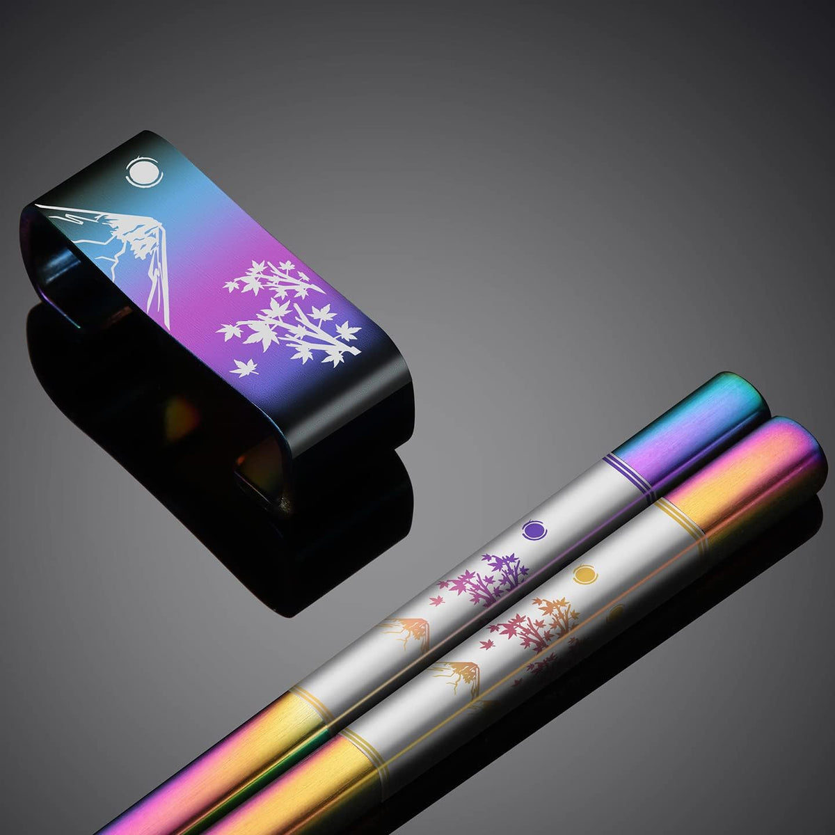 Metal Chopsticks Reusable 2 Pairs Titanium Plated 18/8 Stainless Steel Chopsticks with Holder, Dishwasher Safe Non-Slip Japanese Style Laser Engraved Chop Sticks Gift Set (Rainbow)