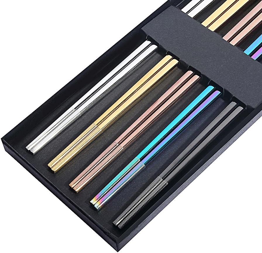 Metal Chopsticks Reusable Titanium Plated Stainless Steel Japanese Korean for Food & Cooking 9.5Inch Non-Slip for Beginners Square Laser 5 Pairs Gift Set