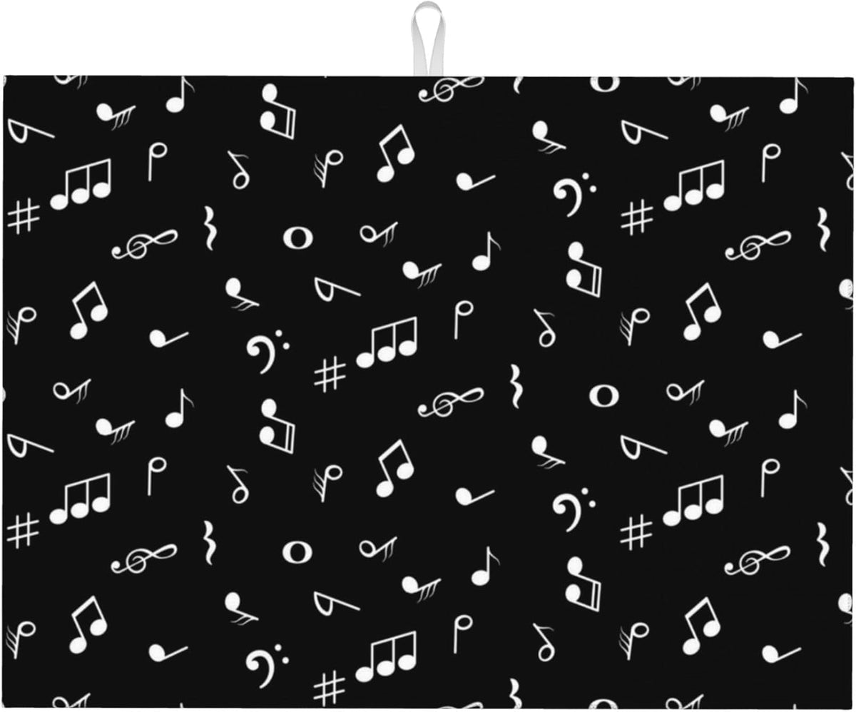 Musicial Kitchen Drying Mat Music Notes Microfiber Dish Drainer Mat for Kitchen Counter Absorbent Reusable Washable 18x24 Inch Black