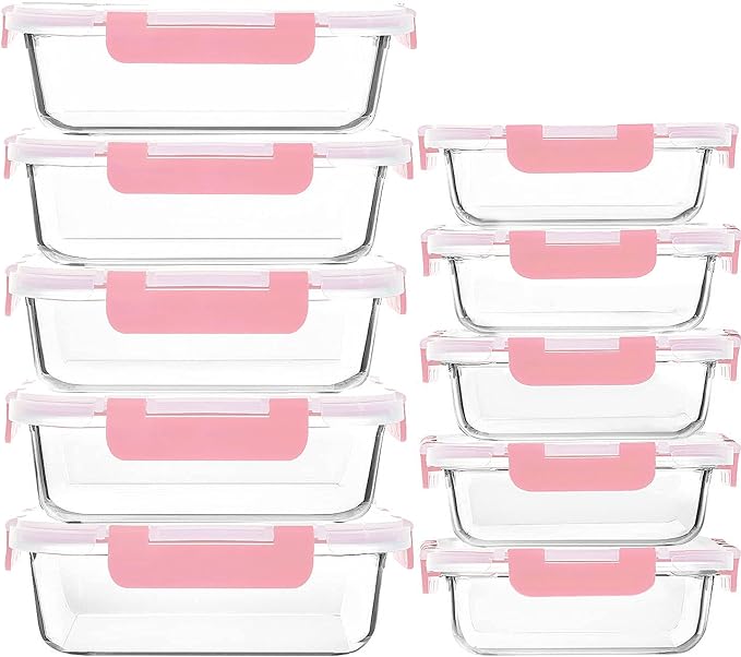 M MCIRCO [10-Pack Meal Prep Containers with Snap Locking Lids, Glass Airtight Lunch, Food Storage Containers, Microwave, Oven, Freezer and Dishwasher Friendly, Pink