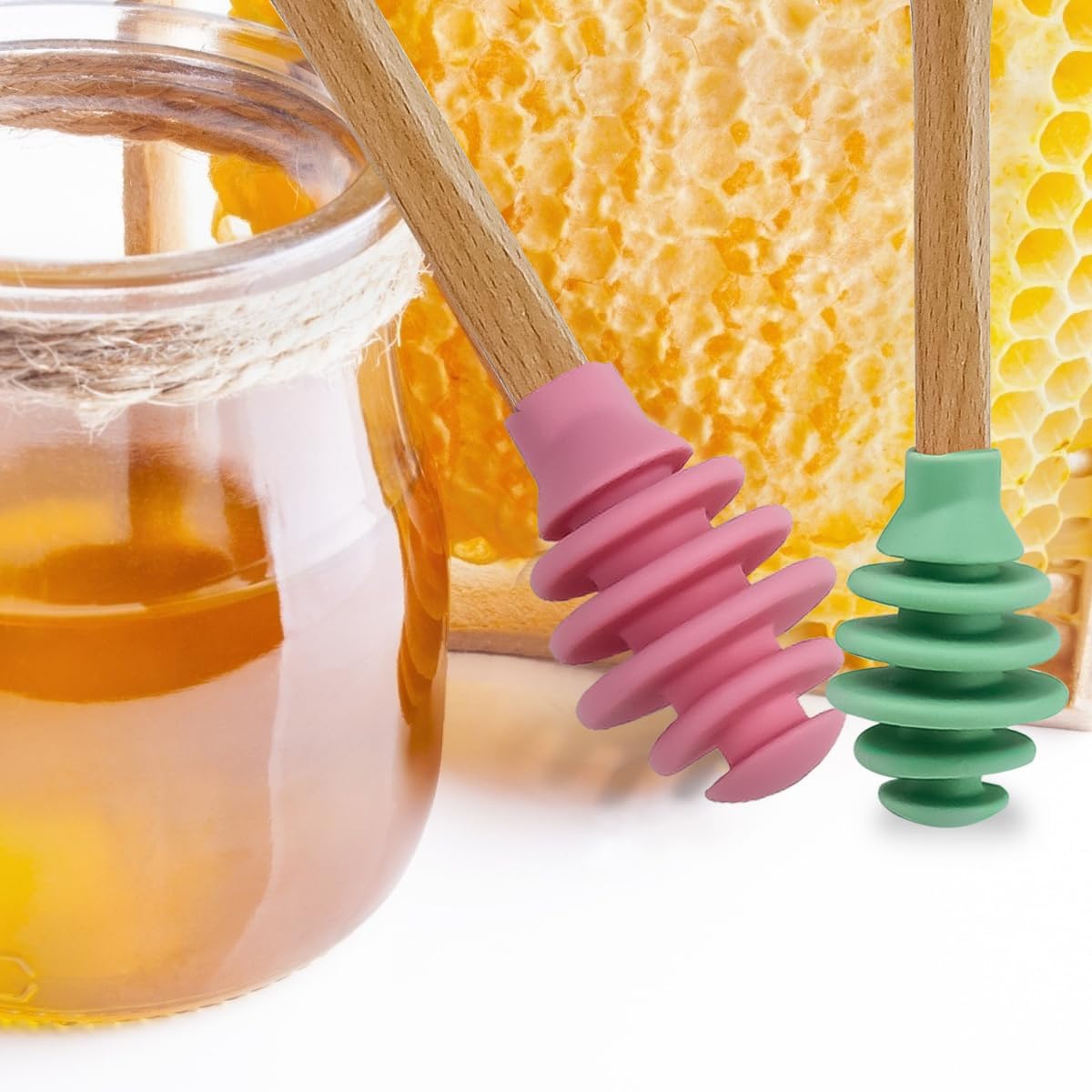 3 Pcs Silicone Honey Dipper Sticks - Spiral Design Non-Drip Honey Spoon with Jar Stirring Rod, Food-Grade BPA Free Dispenser for Syrup, Jam & Beverages