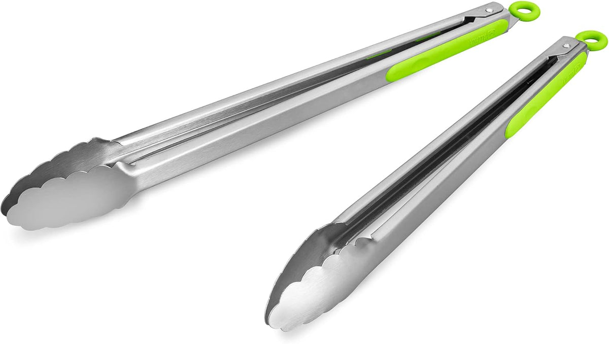 304 Stainless Steel Kitchen Cooking Tongs, 14" and 16" Set of 2 Sturdy Grilling Barbeque Brushed Locking Food Tongs with Ergonomic Grip, Green