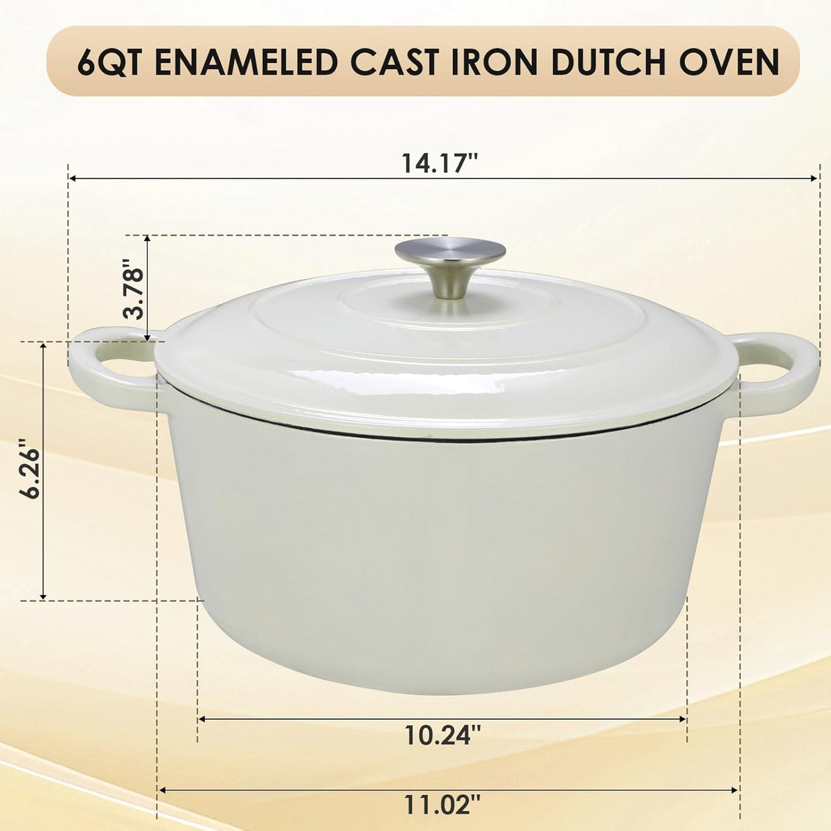 LIFERUN 6 Qt Enameled Cast Iron Dutch Oven Pot with Lid，Oven Safe up to 500° F, Non-Stick Dutch Oven with Dual Handles for Bread Baking, Fry Foods, Braising, Stews, Roasting (White)
