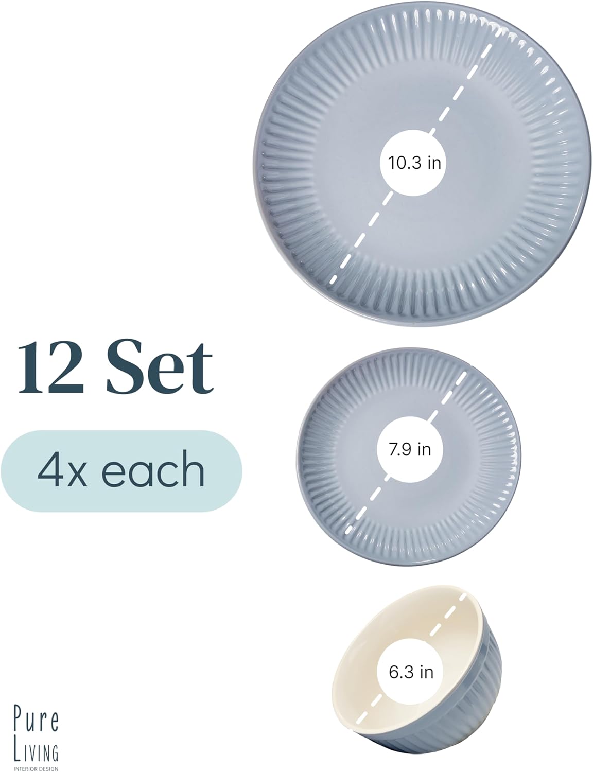 Stoneware Dinnerware Set for 4 People HYGGE 12-Piece - Elegant Scandi Design - Premium Dish Set - Bowl and Plate Set - Tableware for 4 People in a Ribbed Design - Pure Living in Gray-Blue