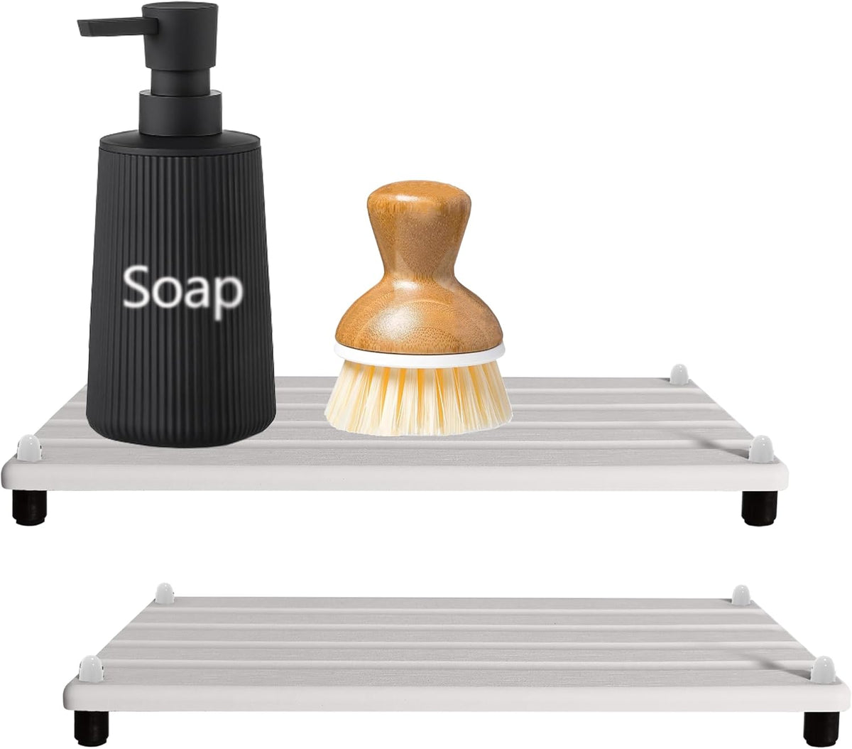 2 PCS Water Absorbing Stone Trays for Bathroom Counter, Fast-Drying Faucet Mat for Kitchen Sink, Diatomite Sink Caddy, Hand Soap Holder with Anti-Skid Feet (11" x 4.7" White)