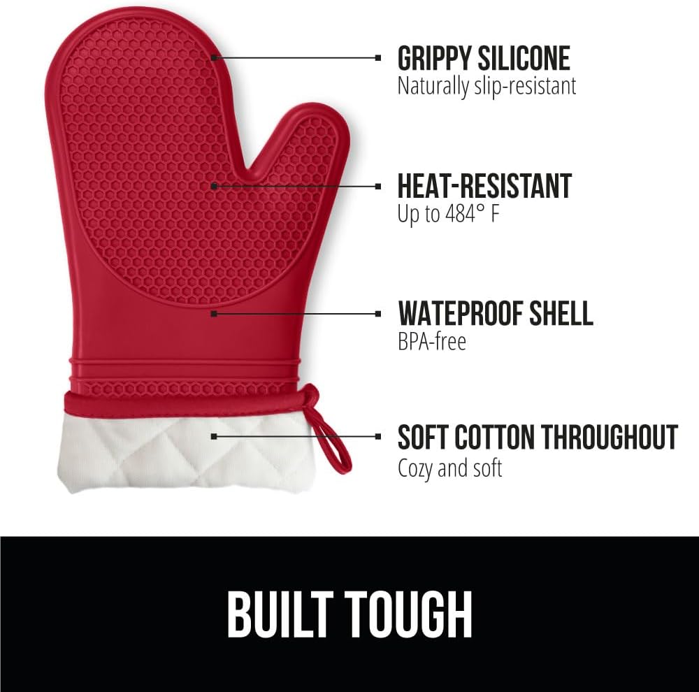 GORILLA GRIP BPA-Free Soft Silicone Oven Mitts, 14.5x8.3, Heat Resistant and Waterproof Cooking Gloves, Thick Cotton Lining, Flexible Gripping for Baking Grilling, Kitchen Potholders Set of 2, Red