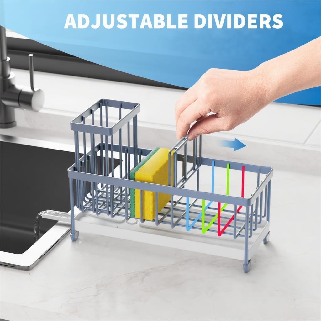 Cisily Blue Gray Sponge Holder for Kitchen Sink, Sink Caddy Organizer with High Brush Holder, Kitchen Countertop Organizers and Storage Essentials, Rustproof 304 Stainless Steel, Soap Dispenser