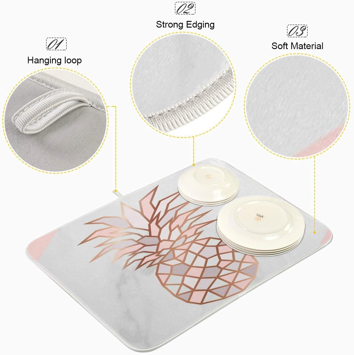 Super Absorbent Dish Drying Mat, Microfiber Fast-Drying Dish Mat, 24" x 18", Kitchen Dish Drying Pad, Rose Gold Pineapple On Pink And White Marble
