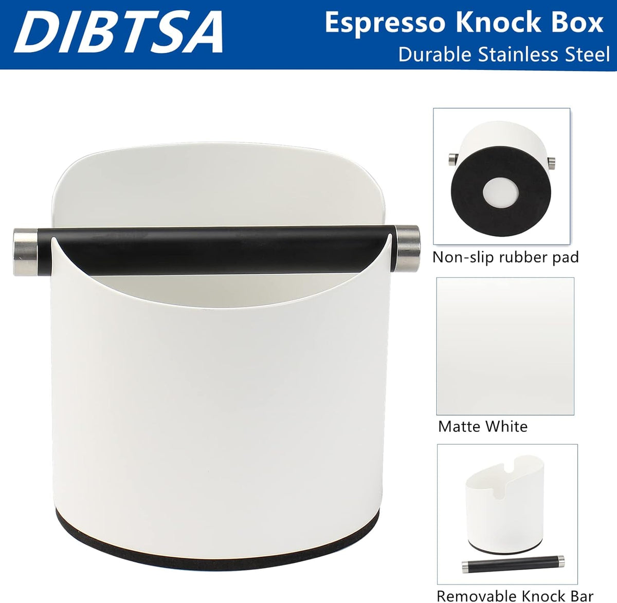 DIBTSA Coffee Knock Box, Espresso Knock Box Stainless Steel Espresso Machine Accessories with Removable Knock Bar and Non-Slip Base Coffee Grounds Container Bin, Large (White)