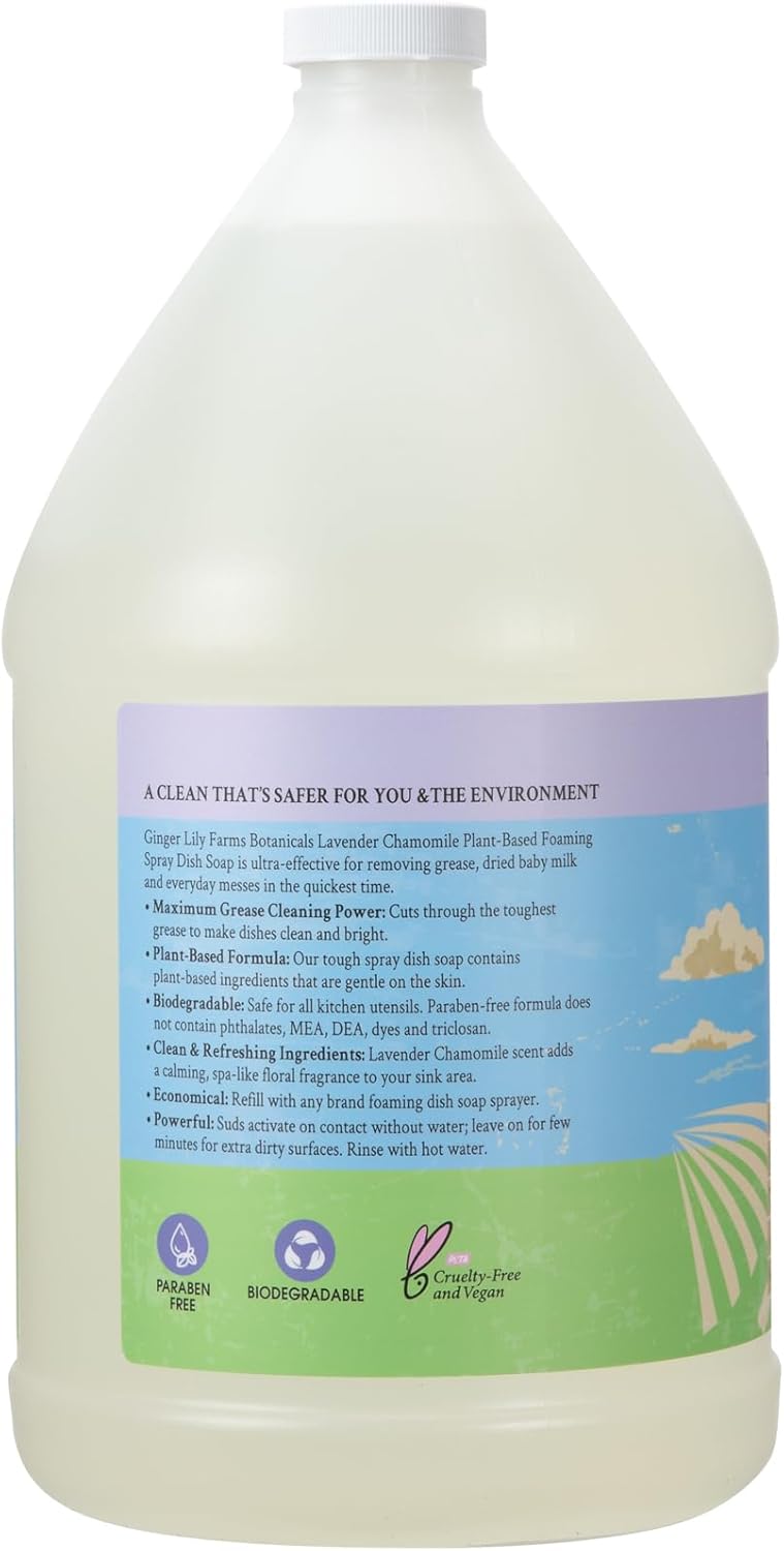 Ginger Lily Farms Botanicals Plant-Based Foaming Spray Dish Soap, Concentrated Formula with Max Grease Cleaning Power, Cruelty-Free, Lavender Chamomile Scent, 1 Gallon Refill (128 Fl Oz)