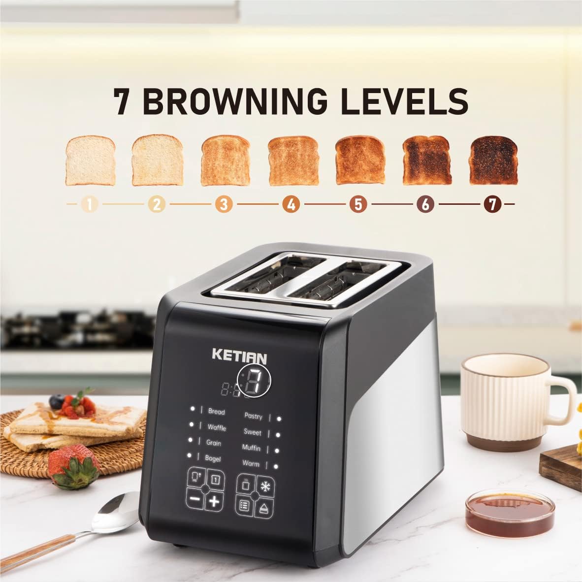 Touchscreen Toaster 2 Slice, KETIAN Bagel English Muffins Toast Pastry Waffles Grain Sweet Bread Toaster, Extra Wide Slots Single Slot Toasting Automatic Lifting, 1400w (Black)