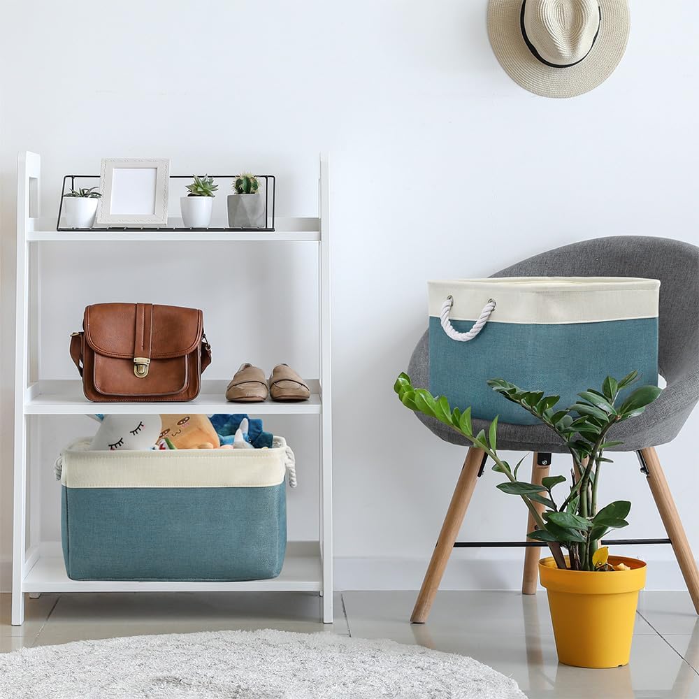 Storage Basket for Organizing - 17X15X12 inch 2 Pack Canvas Storage Bin for Shelves, Fabric Storage Cubes for Cloth Decorative Books Nursery (White & Green)