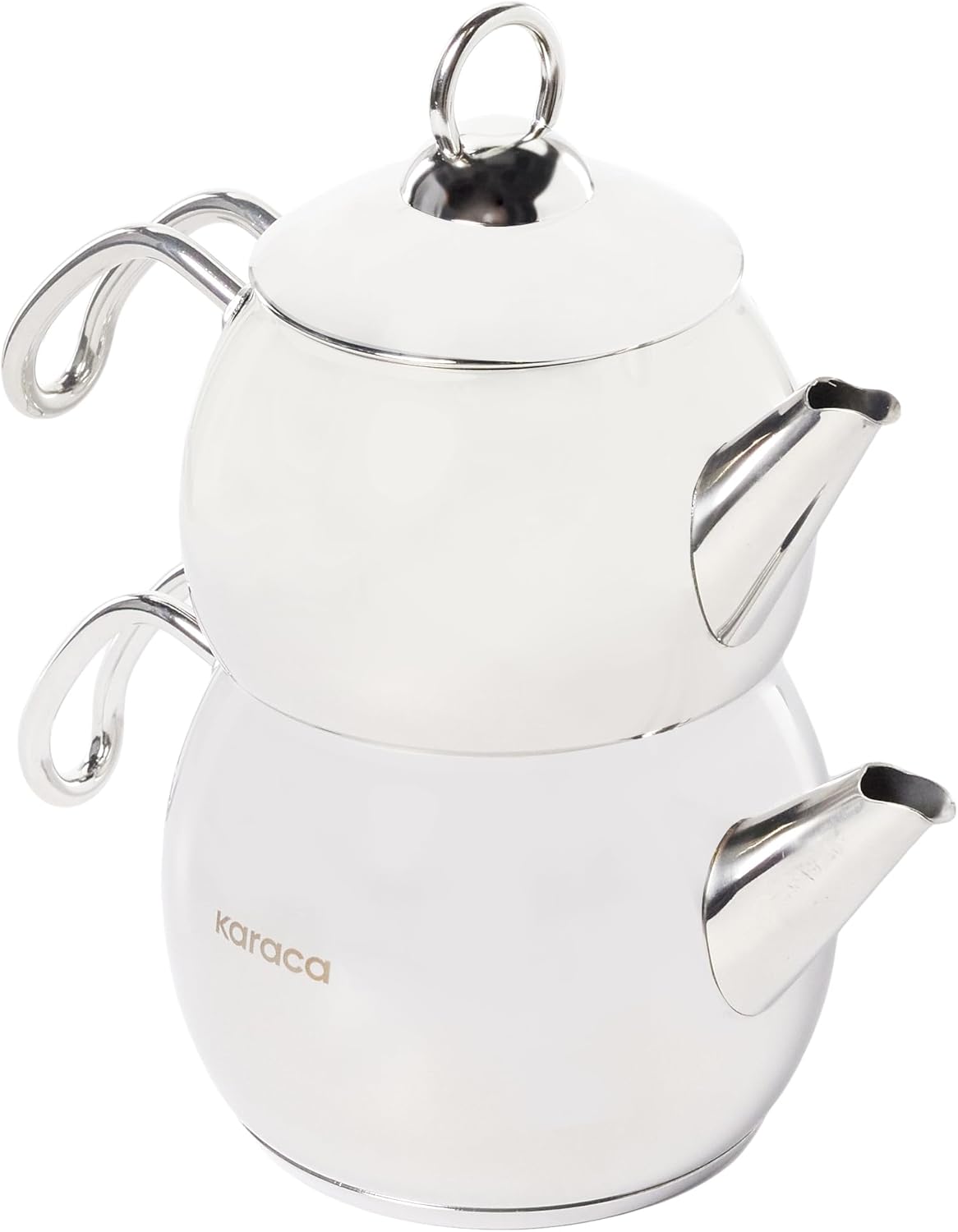 Karaca Adelya Stainless Steel Induction Teapot Set with 0.65L Teapot & 1.1L Tea Kettle, Traditional Turkish Tea Set Brewing System, Dishwasher Safe, Silver