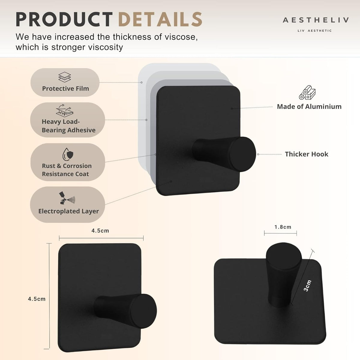 Adhesive Hooks for Hanging - 4 Pack, Heavy-Duty Hooks for Walls No Damage (15lbs) Self-Adhesive Hook for Towles, Robes, Loofhas, Strong Sticky Hook for Closet, Door, Wardrobe. (Black 3)
