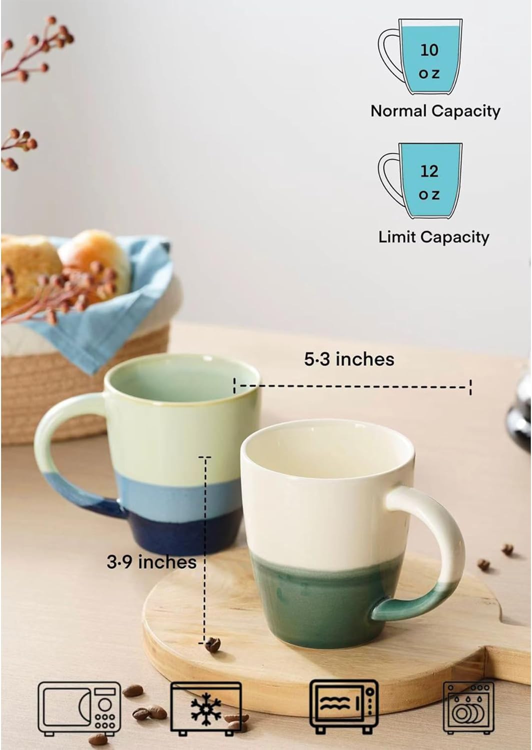 Large Ceramic Coffee Mugs Set of 4, 12oz Porcelain Coffee Cups with Big Handle, Unique Cups for Latte, Hot Tea, Cappuccino, Mocha, Cocoa, Housewarming & Wedding Gift