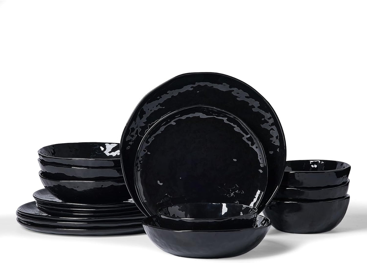 Famiware Porcelain kitchen plates and bowls set, Modern dishes set for 4, Handmade Wave Edge Dinnerware Sets, Microwave and Dishwasher Safe Tableware, Glossy-black (16pc)