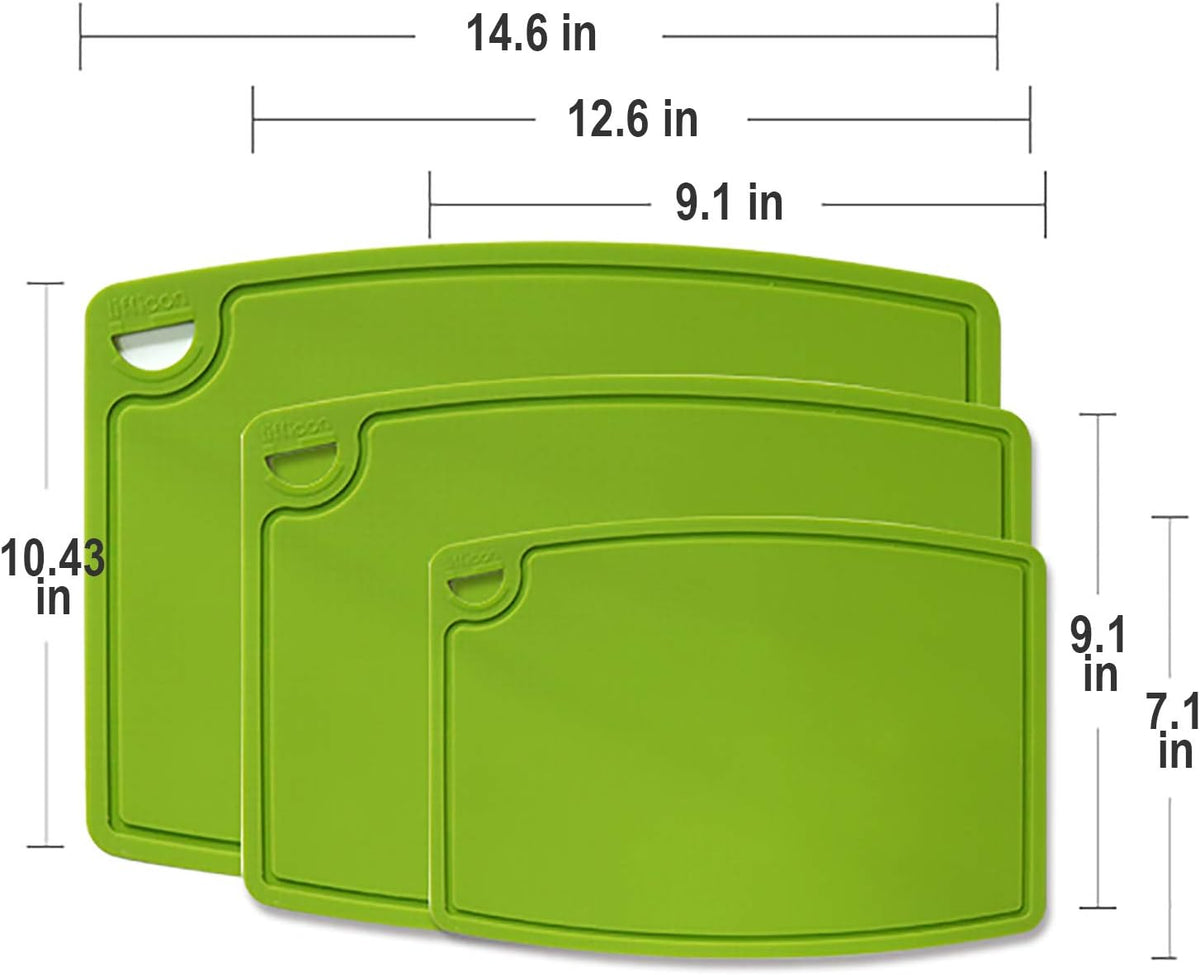 Silicone Thick Cutting Boards Mats Set of 3 Foldable & Flexible Design Juice Grooves Easy Grip Handle Dishwasher Safe for Kitchen,BPA free Silicone Cutting Board-Green
