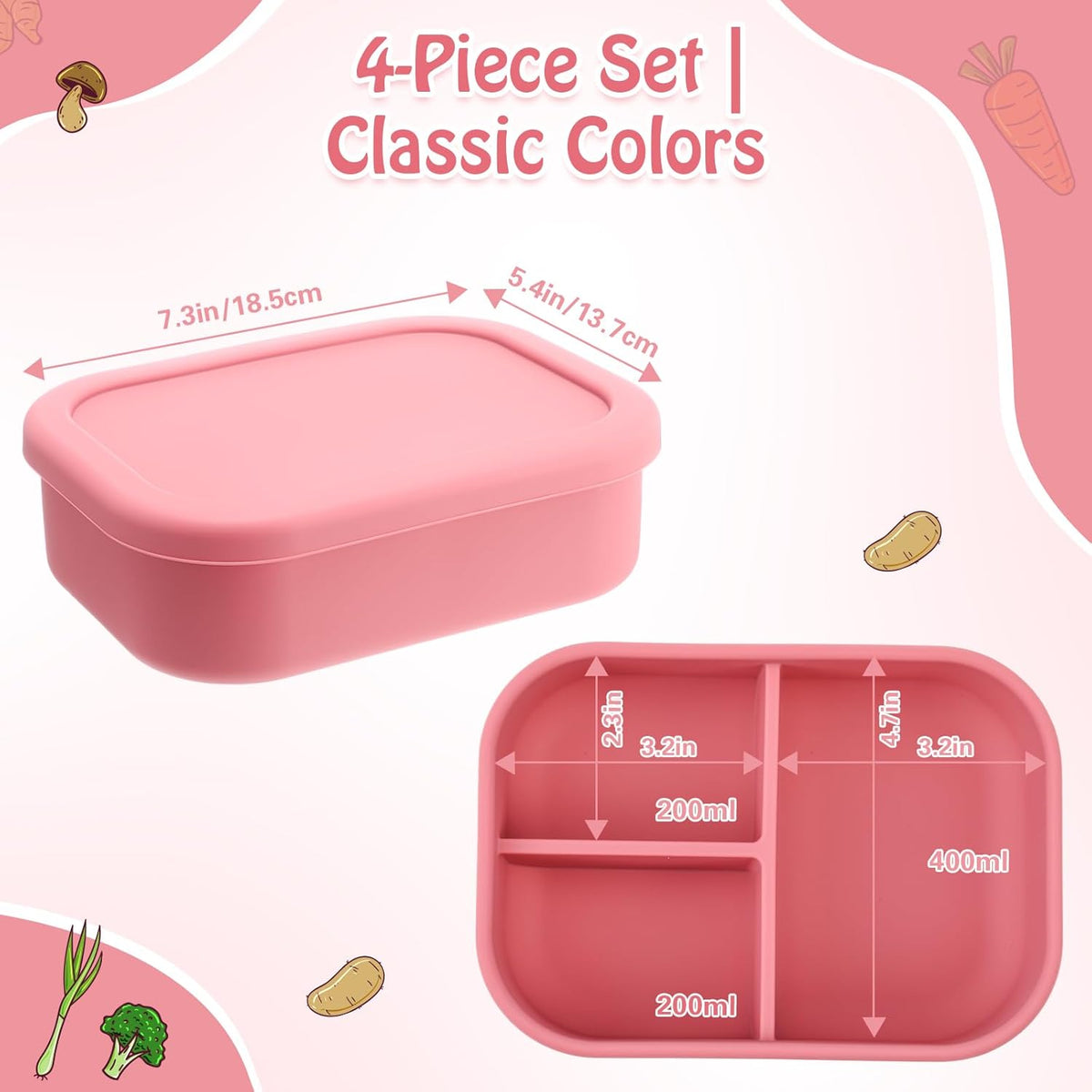 Honeydak 4 Pcs Silicone Bento Lunch Box 3 Compartment Reusable Leakproof Silicone Bento Lunch Container for Adults Microwave Dishwasher Freezer Safe(Red)