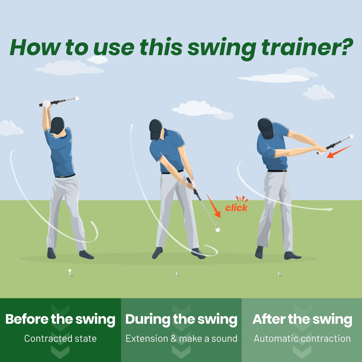 FODESAN Retractable Golf Swing Trainer, Training Aid with Grip Trainer, Swing Mechanics for Beginners & Tempo Training for Advanced, Click Feedback, Muscle Training, Indoor/Outdoor