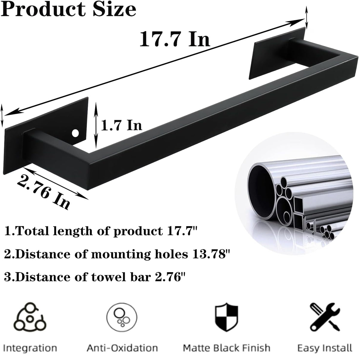 Bathroom Towel Bar Self Adhesive, No Drilling Towel Rack Easy to Install, Hand Towel Holder Made of Premium Stainless Steel Sticky on Hand Towel Hanger for Kitchen, Toilet.(17.7IN, Black)
