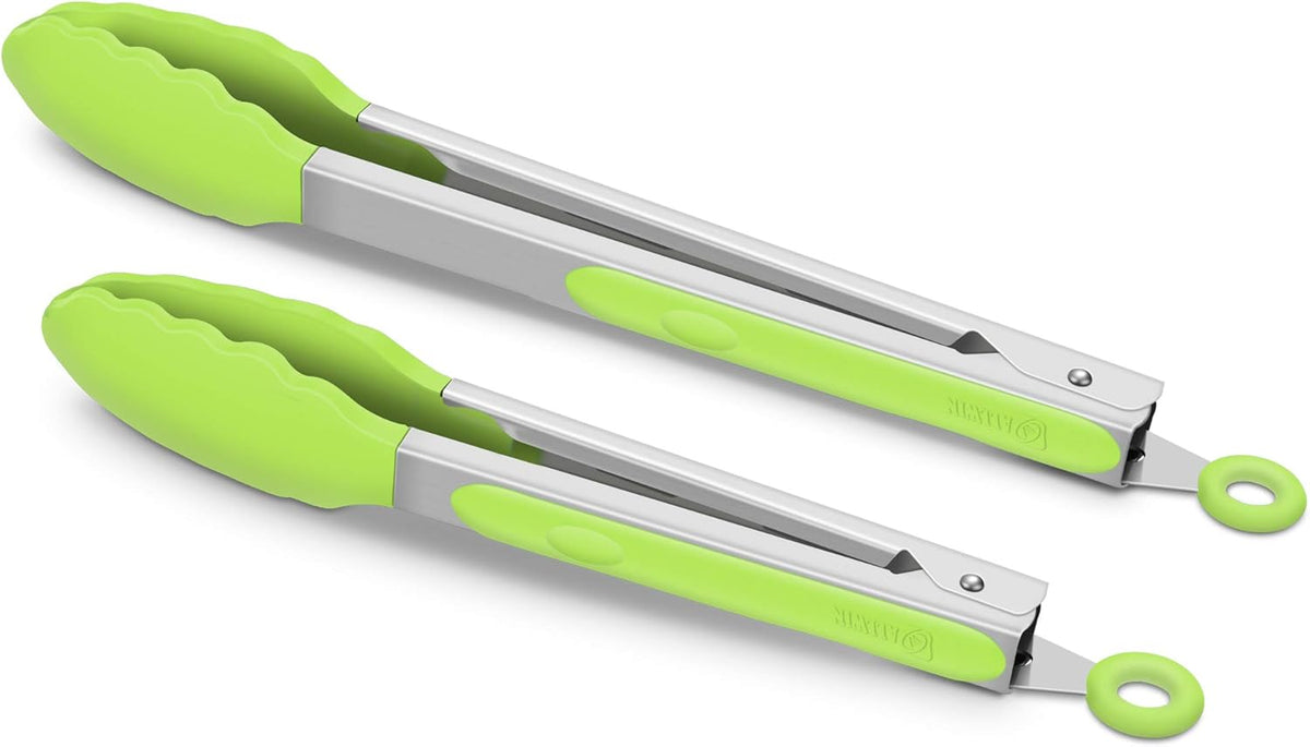 Premium Silicone Set of 2 Cooking Tongs, 9-Inch & 12-Inch BPA Free Non-Stick Stainless Steel BBQ Grilling Locking Food Tong, Light Green