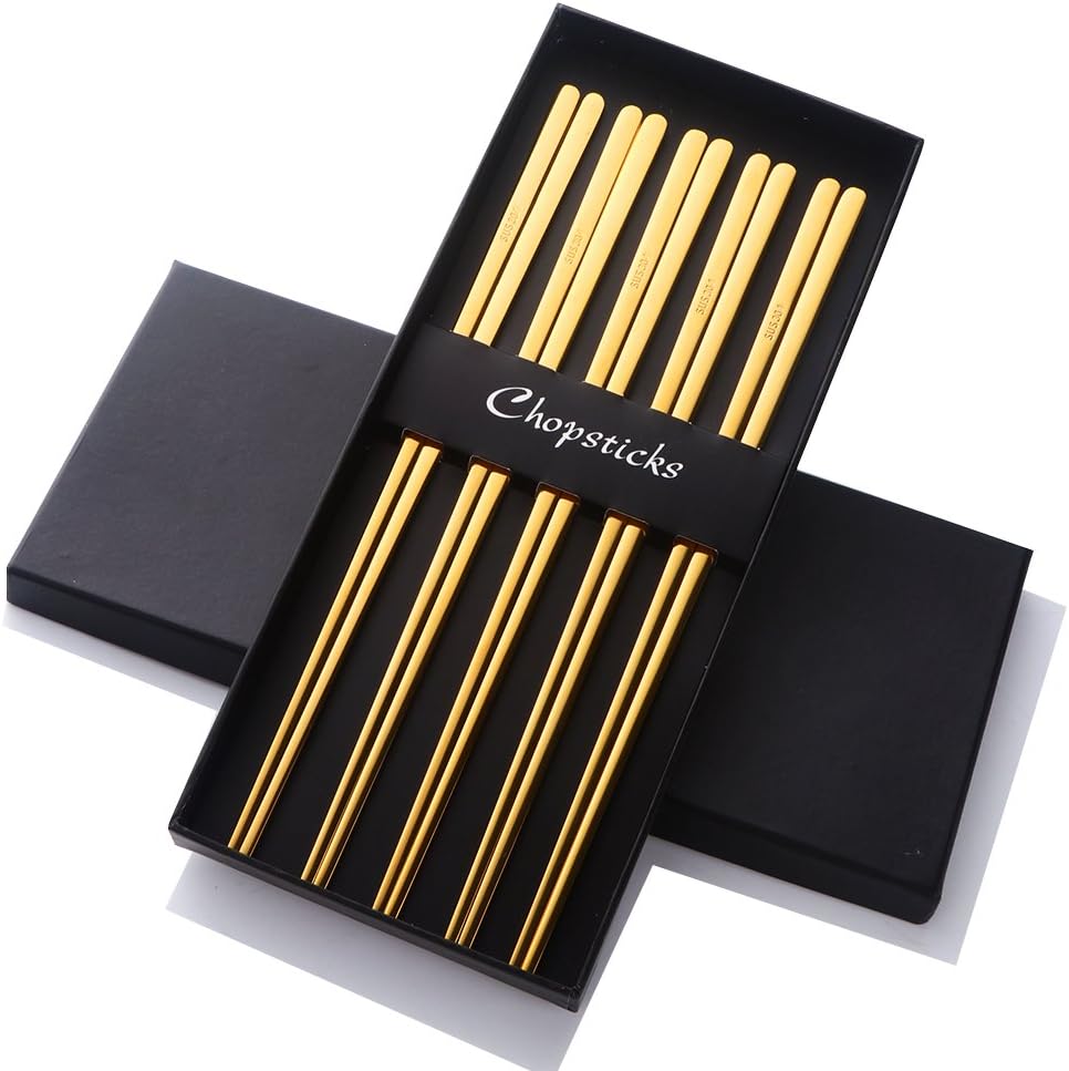 Buyer Star 5 Pairs Gold Flat Chopsticks - Reusable Metal Stainless Steel Chinese Chopsticks Set with Case