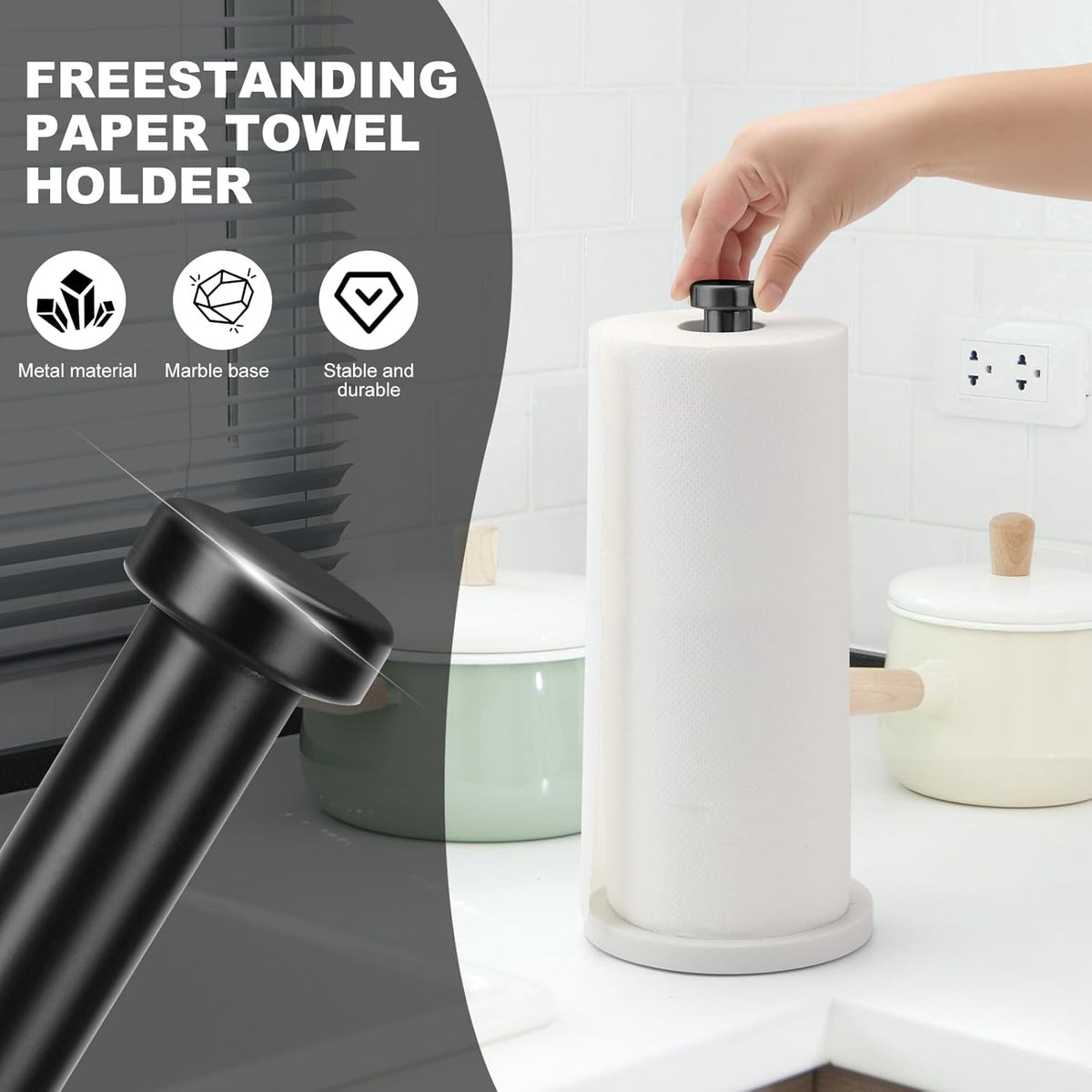 Standing Paper Towel Holder, Kitchen Paper Towel Roll Holder- for Bathroom Kitchen Countertop with Weighted Marble Base for One-Handed Operation (Black), Black Paper Towel Holder