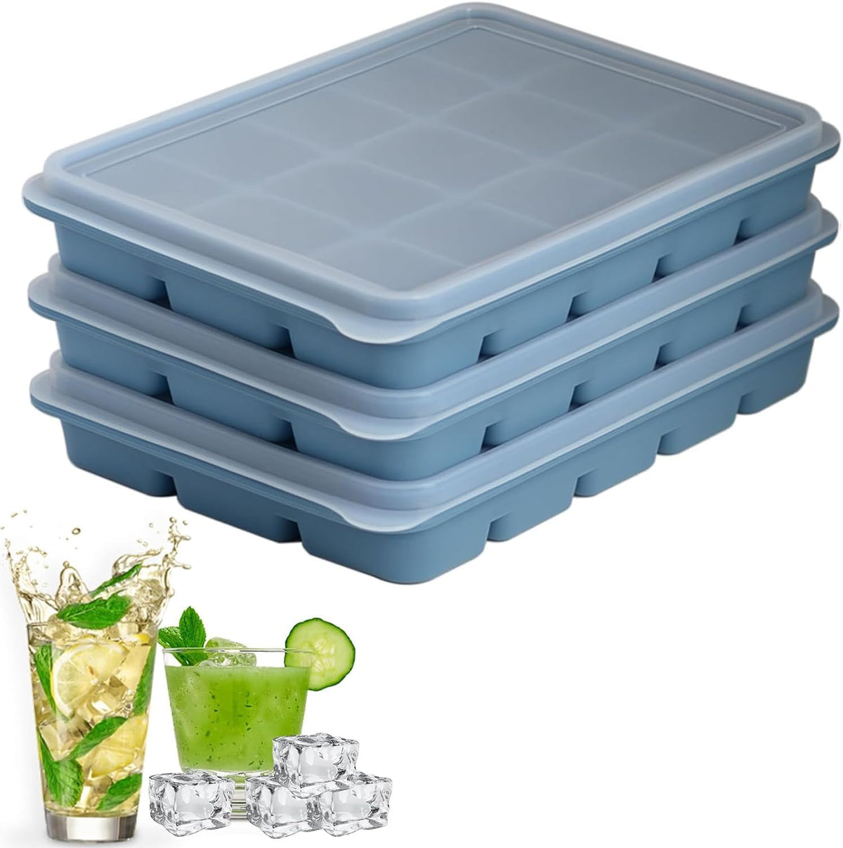 Ice Cube Trays Set of 3, Easy Release 15 Flexible Silicone Ice Cube Molds with Removable Lid Reusable Freezer Ice Trays Stackable for Whiskey, Blue*3