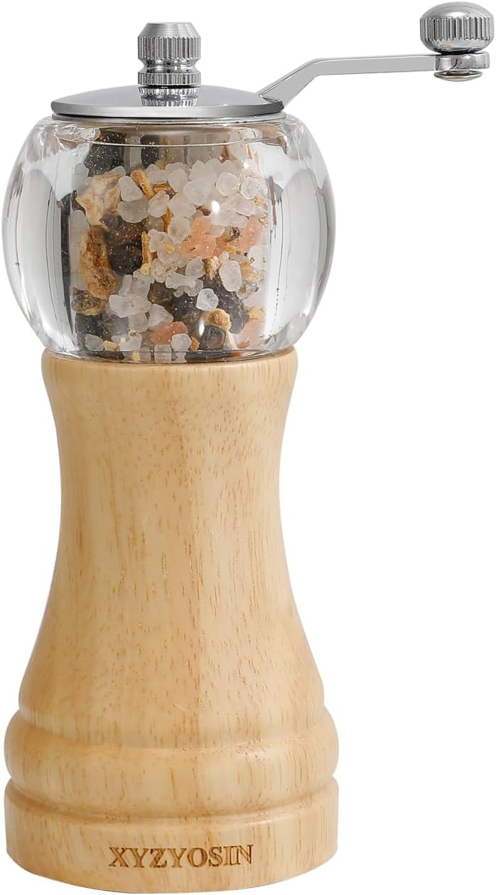 Classical Hand Shake Rubber Wood Salt or Pepper Grinder Set Refillable Salt Grinder Pepper Mill with Adjustable Coarseness Acrylic Body For Kitchen 1 Pack
