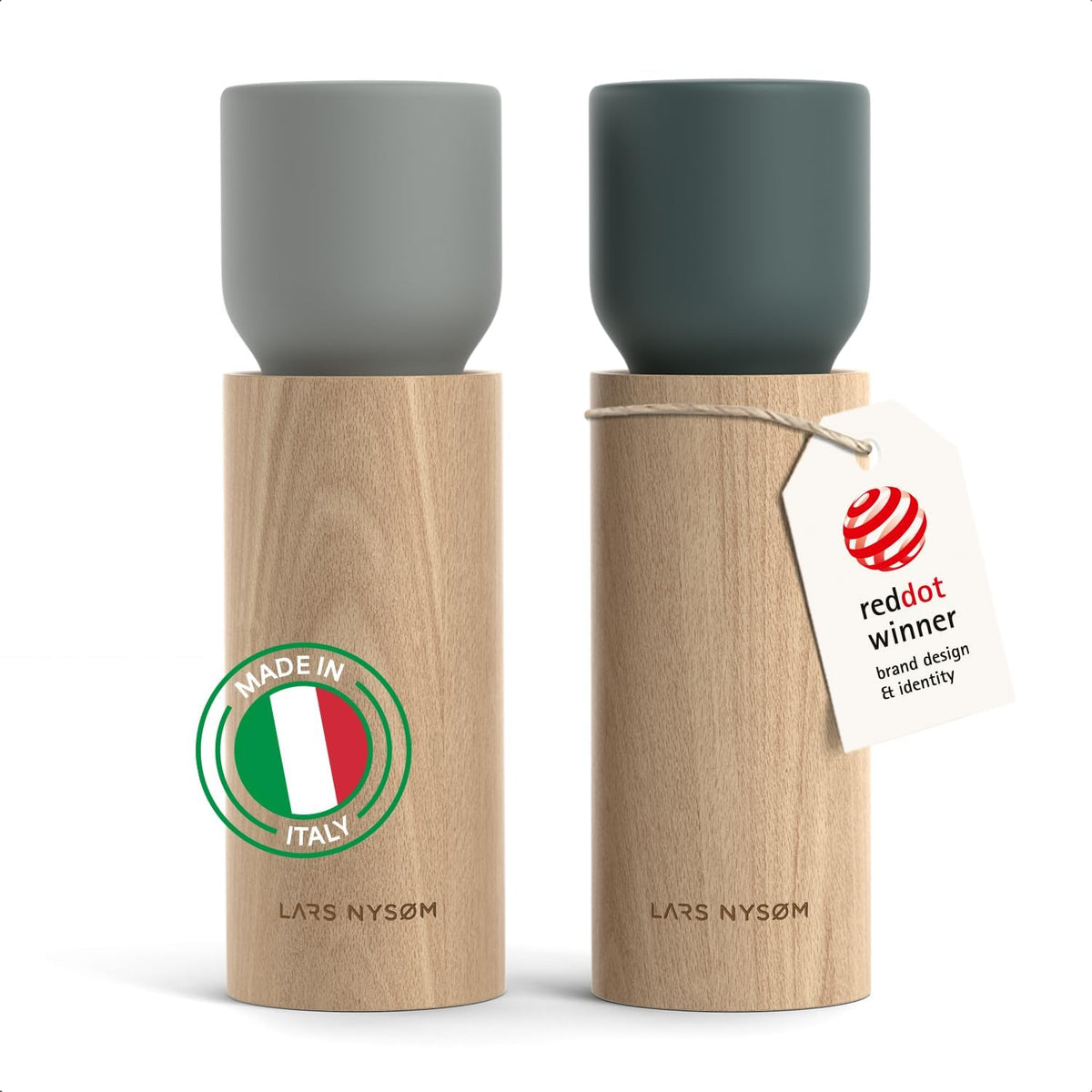 LARS NYSØM Wooden Salt and Pepper Grinder Set Manual - Salt and Pepper Mills with Adjustable Ceramic Grinder - Elegant Beechwood Pepper and Salt Mill Set for Dining Table (Blue/Gray)