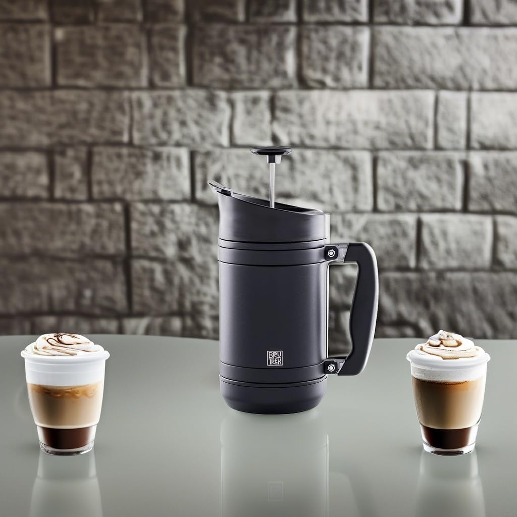 BaseCamp Coffee Press - Double Wall Insulated Stainless Steel - Bru-Stop Technology, No Grounds in Coffee, No Spill Lid (Obsidian, 32 fl.oz)