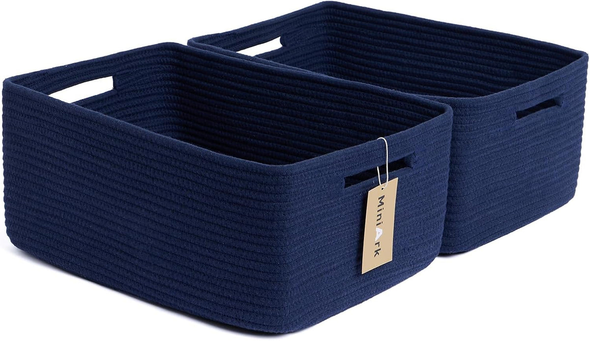 Large Storage Baskets for Shelves, Closet Organizers Bins for Clothes Blanket Towels, Baby Nursery, Toy Baskets Box, Woven Rope Baskets, 17 x 13 x 7.5”, 2 Packs Navy Blue