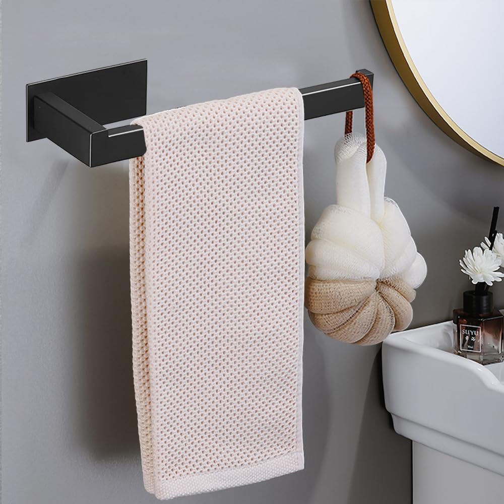 Hand Towel Holder, Strong Self Adhesive Hand Towel Ring, Thicken SUS304 Stainless Steel Hand Towel Bar/Rack, No Drilling Modern Hand Towel Hanger (Matte Black, 9 in)