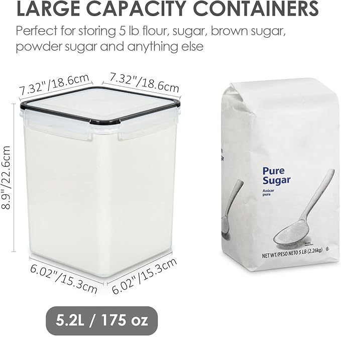 Vtopmart 4 PCS Large Food Storage Containers 5.2L / 175oz, 4 Pieces BPA Free Plastic Airtight Canisters for Flour, Sugar, Baking Supplies, Rice with Lids, 4 Measuring Cups and 24 Labels, Black