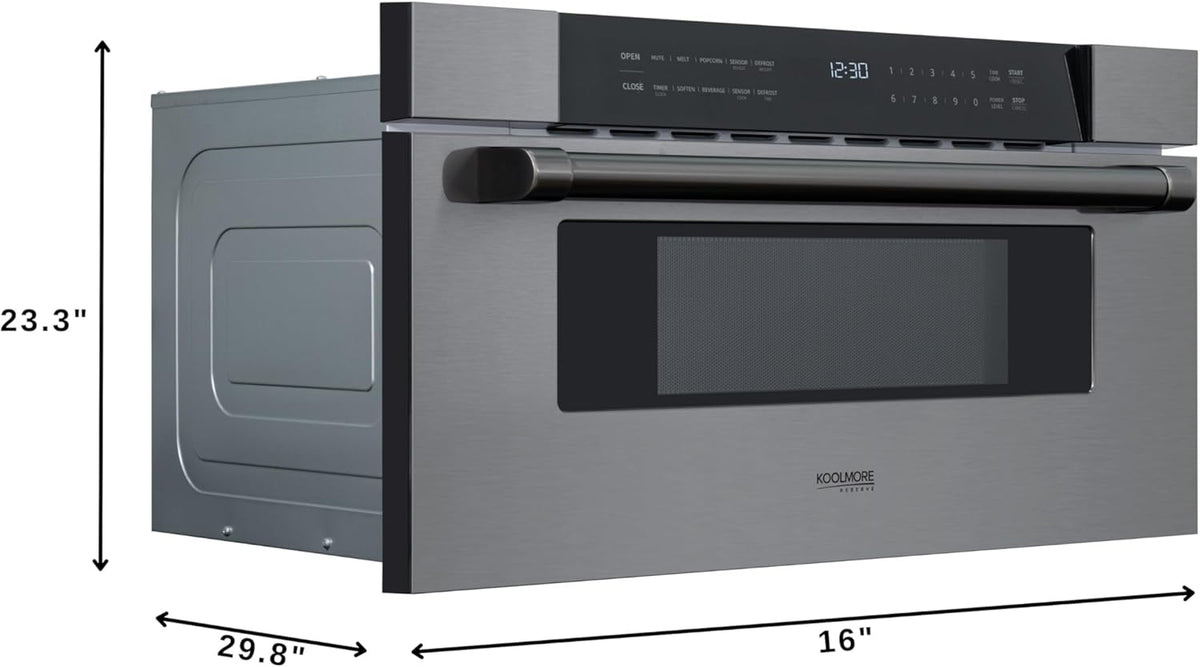 KoolMore Reserve 30 in. 1.2 cu. ft. Microwave Drawer with 10 Power Levels, Sensor Cooking, Melt, Defrost, Bake, Roast, Broil, Timer, Express Cook, 1500 Watts, UL Certified in Black Stainless-Steel