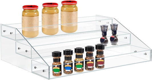 PMMASTO Widen Tiered Spice Rack, Seasoning Organizer, Clear Acrylic Vertical Shelves Can Organizer for Countertop, Cabinet, Pantry, Kitchen Organization and Storage - 3 Tier
