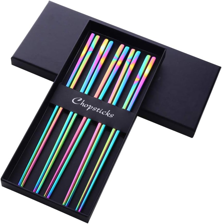 Buyer Star Rainbow Stainless Steel Chopsticks - 5-Pair Reusable Chinese Square Chopsticks