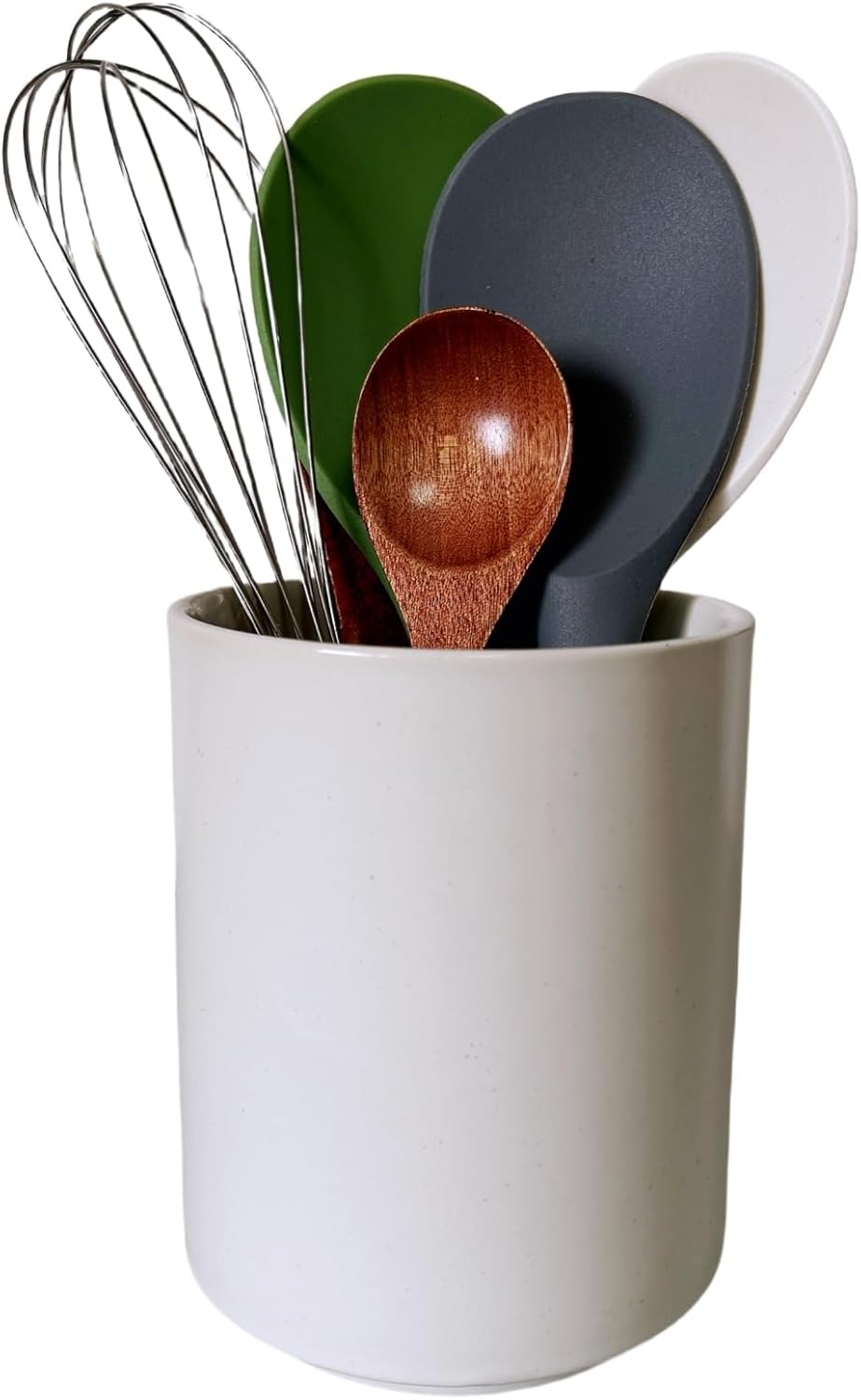 Medium Stoneware Kitchen Utensil Holder for Kitchen Counter Short Cooking Utensil Holder for Countertop Spatula Holder Small Utensil Crock Cutlery Holder Silverware Caddy Flower Vase (White)
