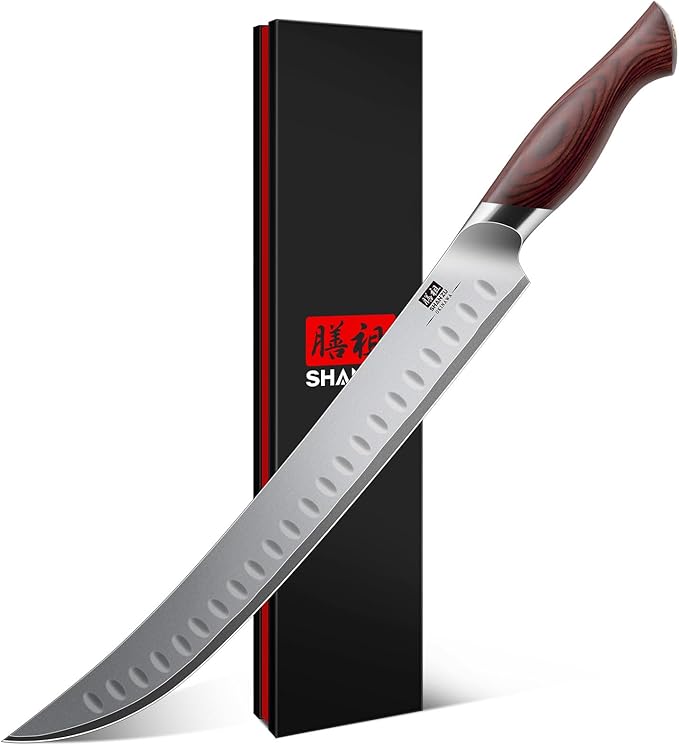 SHAN ZU Brisket Slicing Knife, 11.6 Inch Carving Knife Japanese High Carbon 10Cr15Mov Stainless Steel, Professional Ultra Sharp Meat Cutting and BBQ knife with Ergonomic Pakkawood Handle