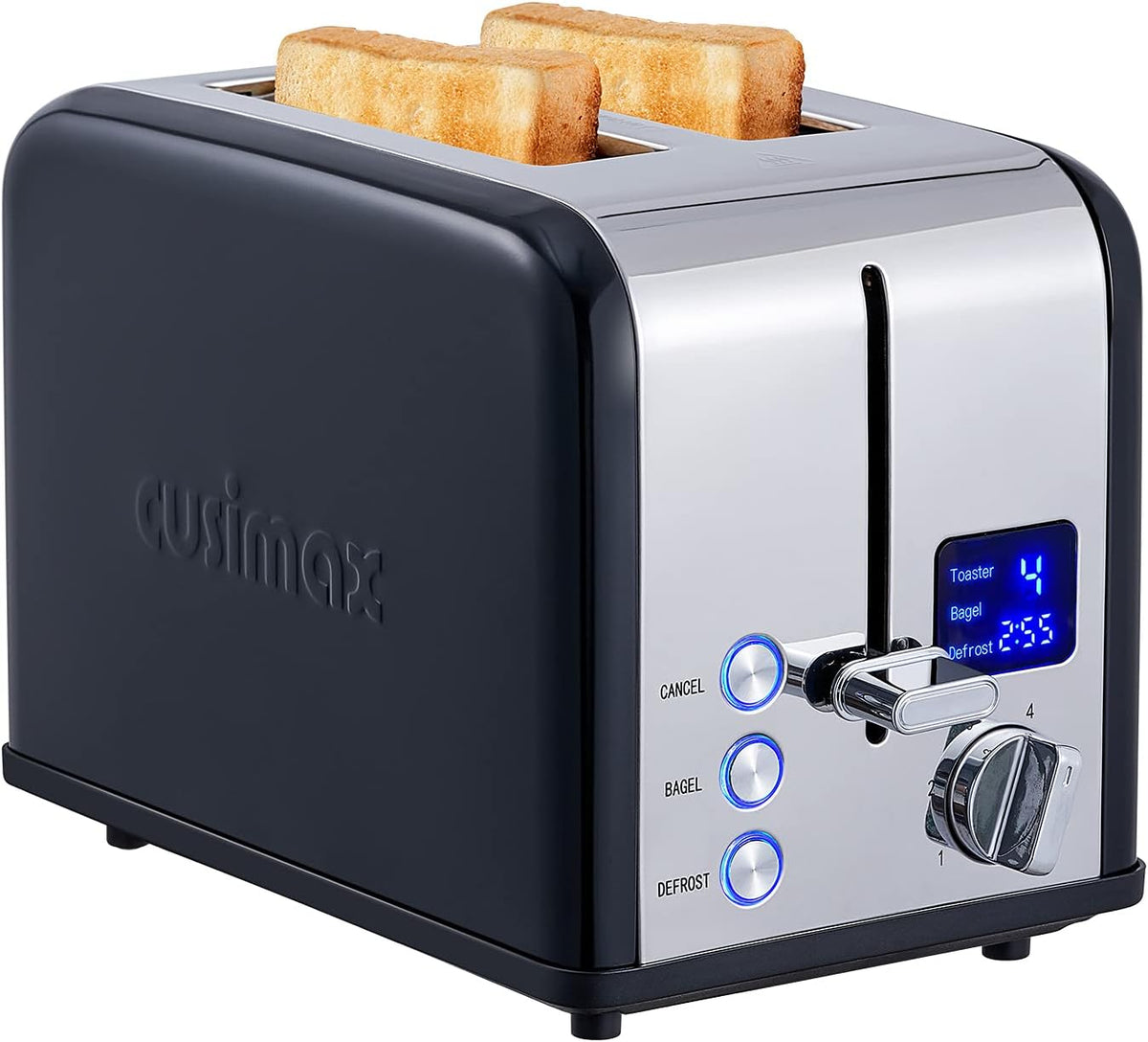 CUSIMAX Stainless Steel 2 Slice Toaster with LED Display, Extra-wide Slots, 6 Browning Settings, Cancel/Bagel/Defrost, Removable Crumb Tray, Black
