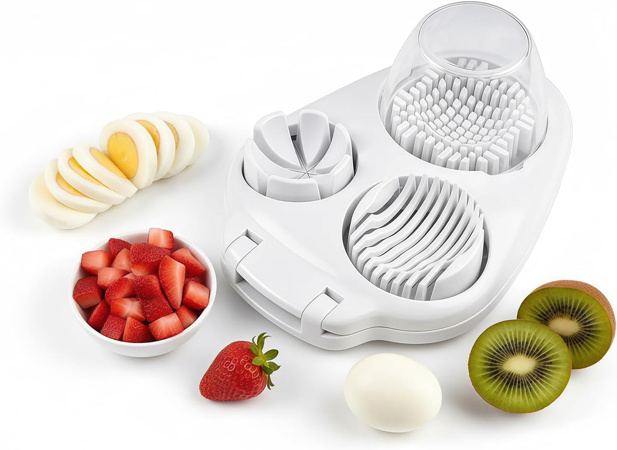 3 in 1 Egg Slicer Dicer & Cuber for Hard Boiled Eggs - Heavy Duty Stainless Steel, 3 Slice Modes Kitchen Gadget for Strawberry, Grape, Cherry Tomato - Easy to Clean, Dishwasher Safe (White)