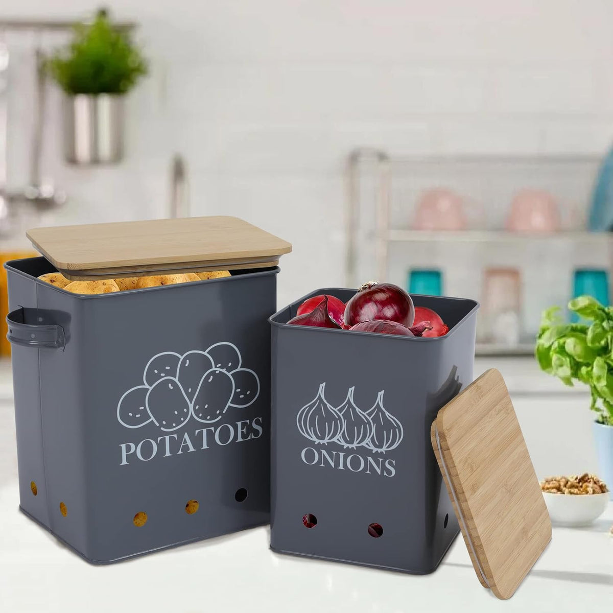 Kitchen Vegetable Storage Tins Set of 2 for Potatoes, Onion, with wooden lid Garlic Bin Caddy, Long Shelf Life-Grey